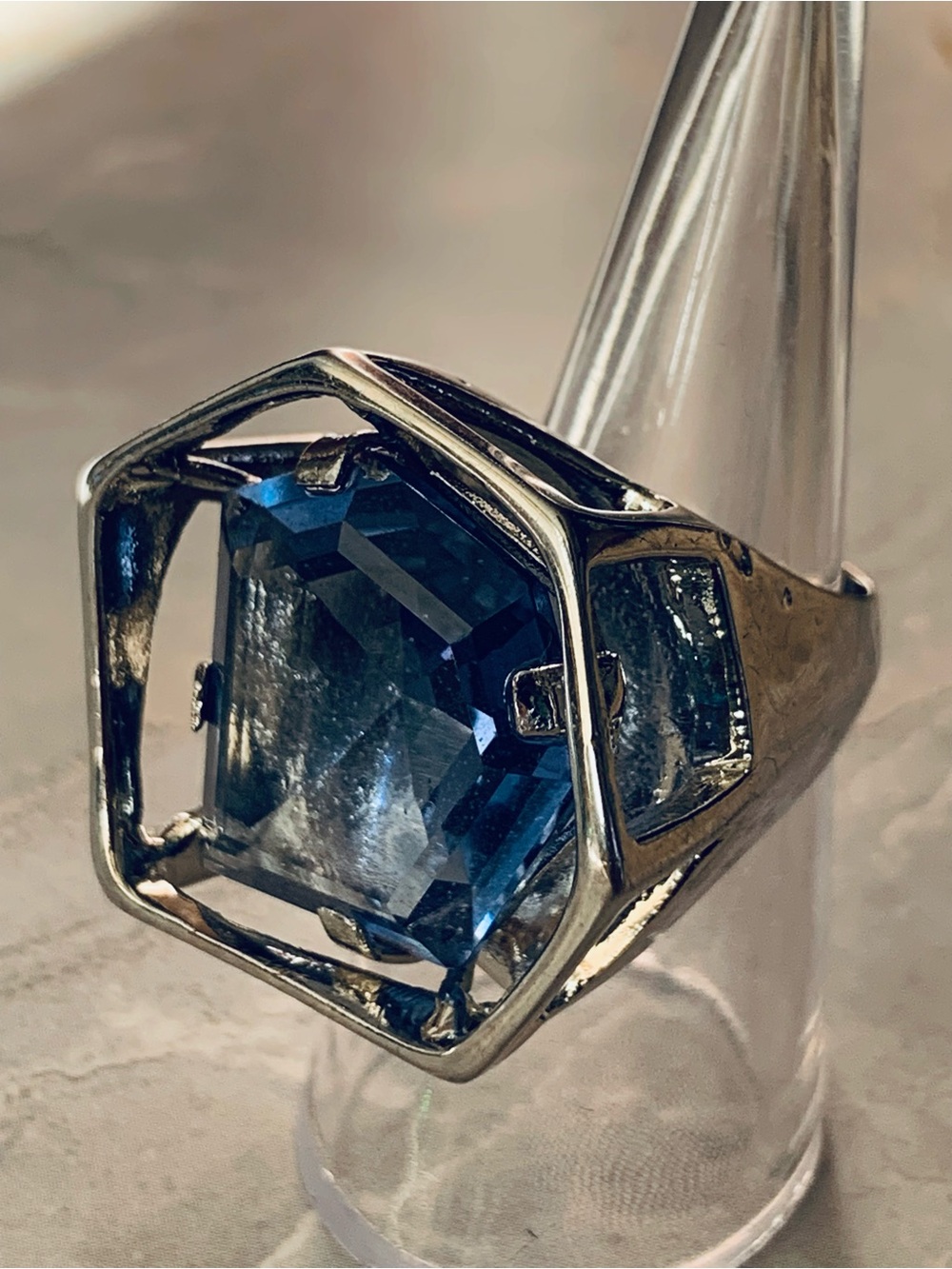 Modernist Blue Glass Chunky Statement Cocktail Ring